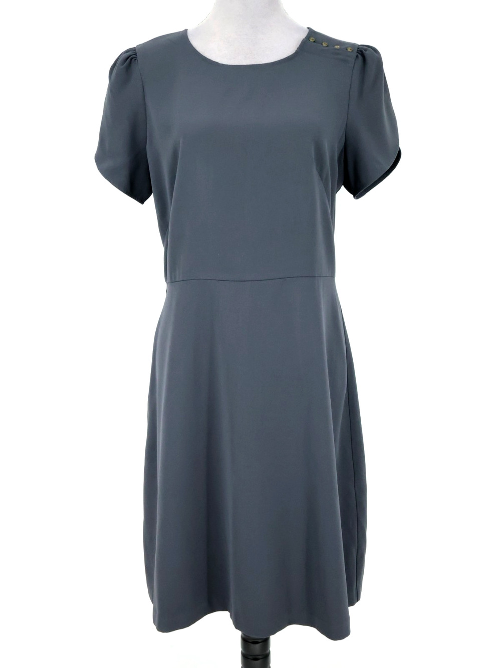 Loft Dress Womens 12 Gray Crepe Back Zip Shoulder Buttons Puff Sleeves Career